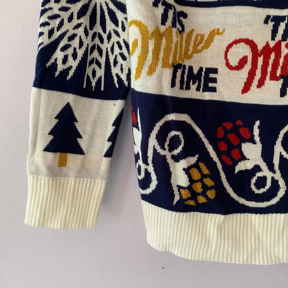 Miller Lite Ugly Christmas Holiday Sweater Crewneck Navy Blue White Men's Small